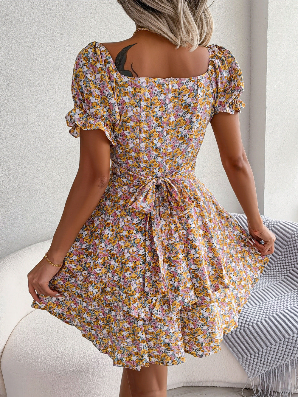 Women Mini Dress Temperament Big Swing Loose Hem Flower Print