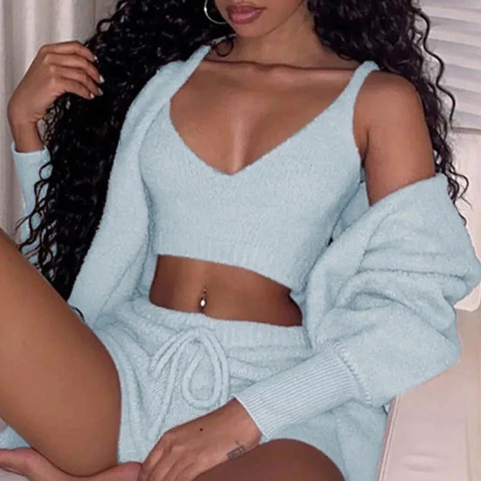 3pcs Womens Plush Pajama Set