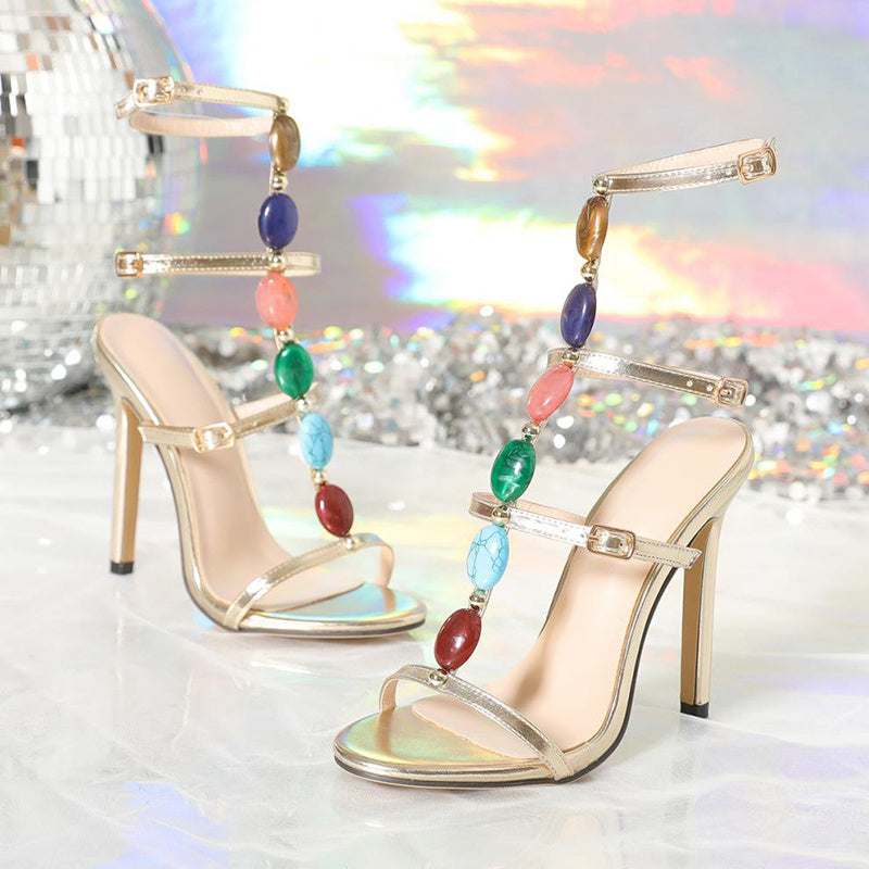 Fashion Colorful Beads Buckle High Heel Party Pumps Sandals