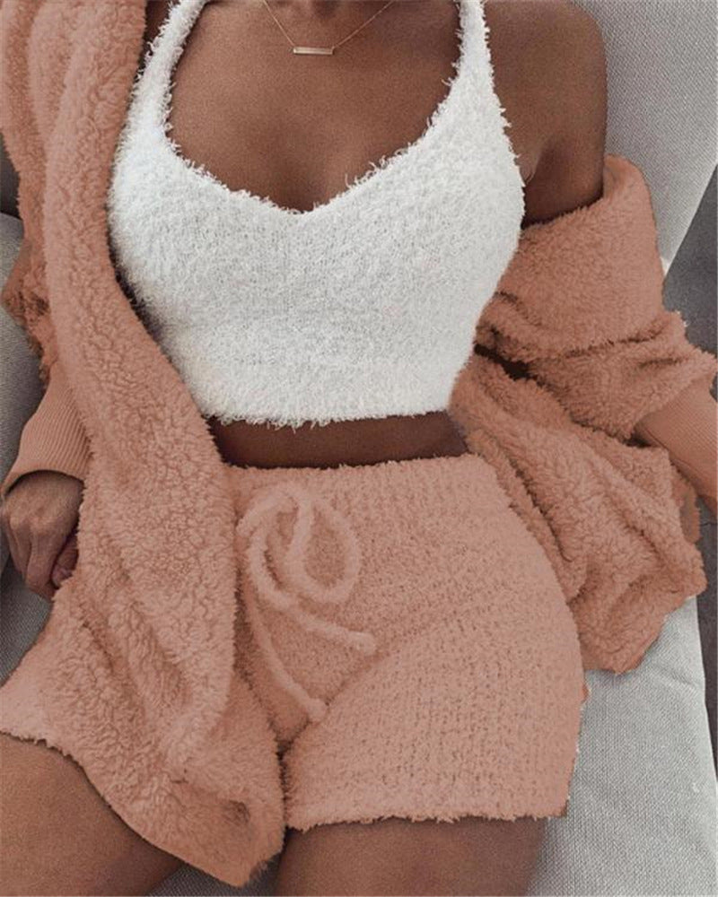 3pcs Womens Plush Pajama Set
