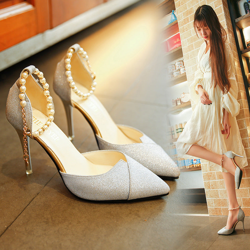 Women Pumps Pearl Bead High Heels Sequined Party Shoes