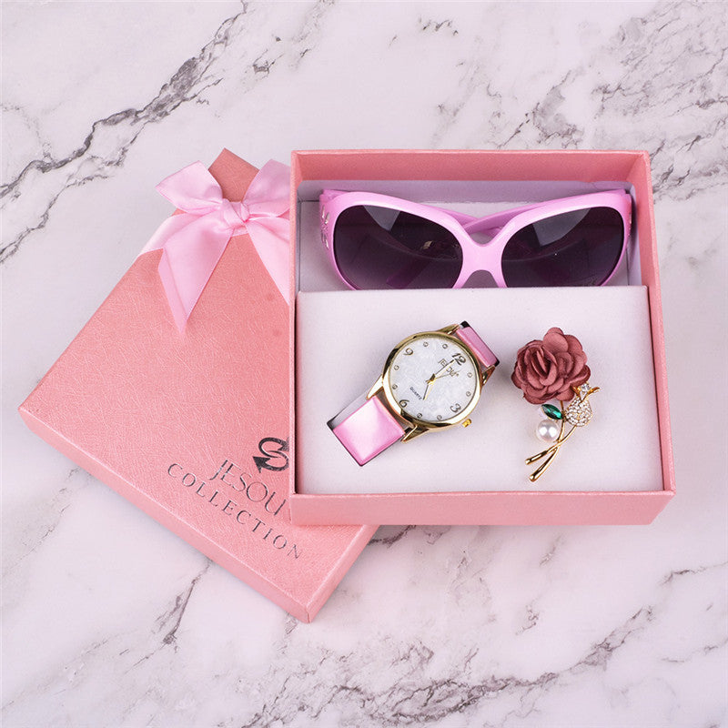 Women's Leather Quartz Wristwatch Sunglasses Corsage 3 Pcs Gift Box
