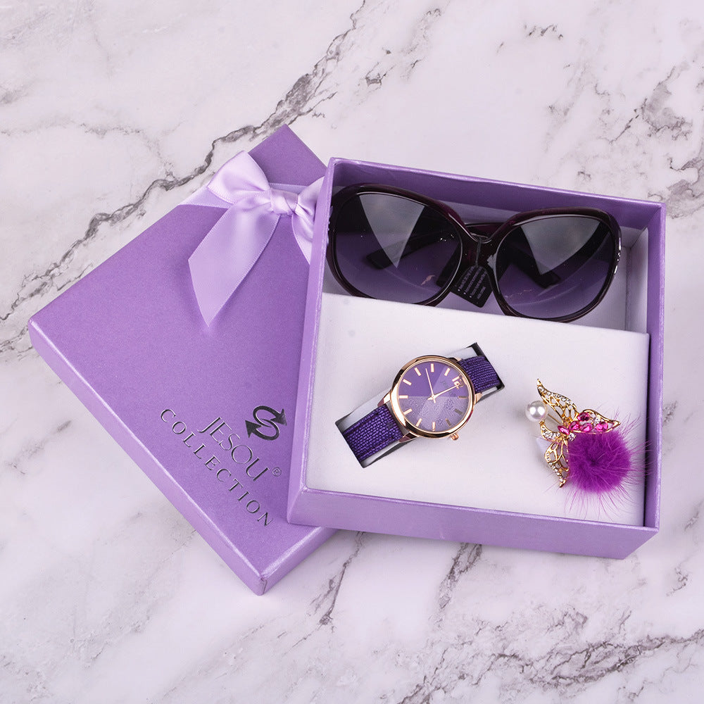 Women's Leather Quartz Wristwatch Sunglasses Corsage 3 Pcs Gift Box