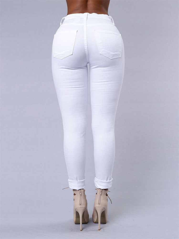 Women's Casual High Waist Skinny Ripped Jeans