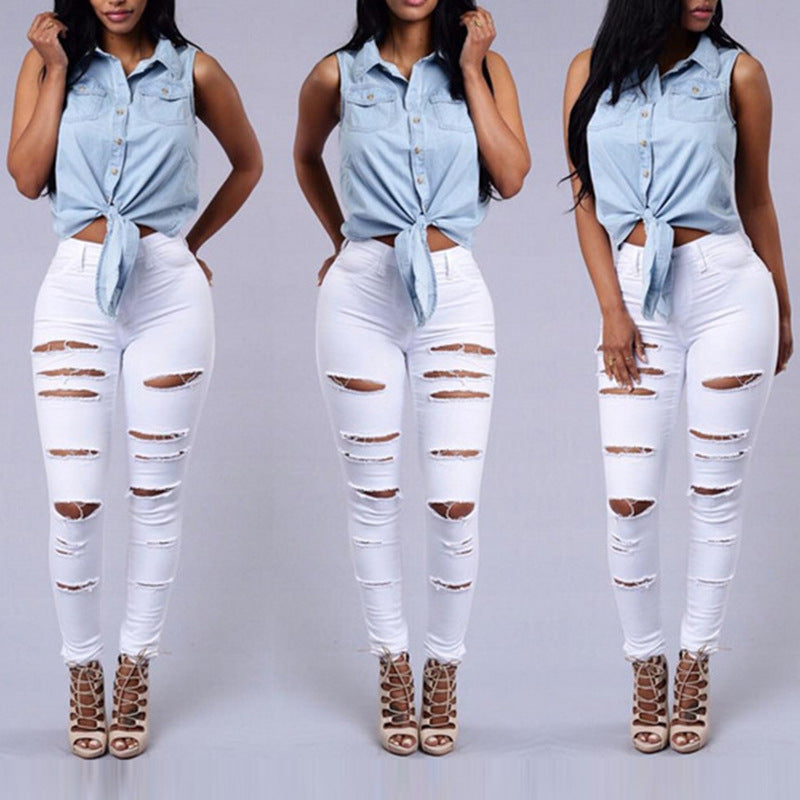 Women's Casual High Waist Skinny Ripped Jeans