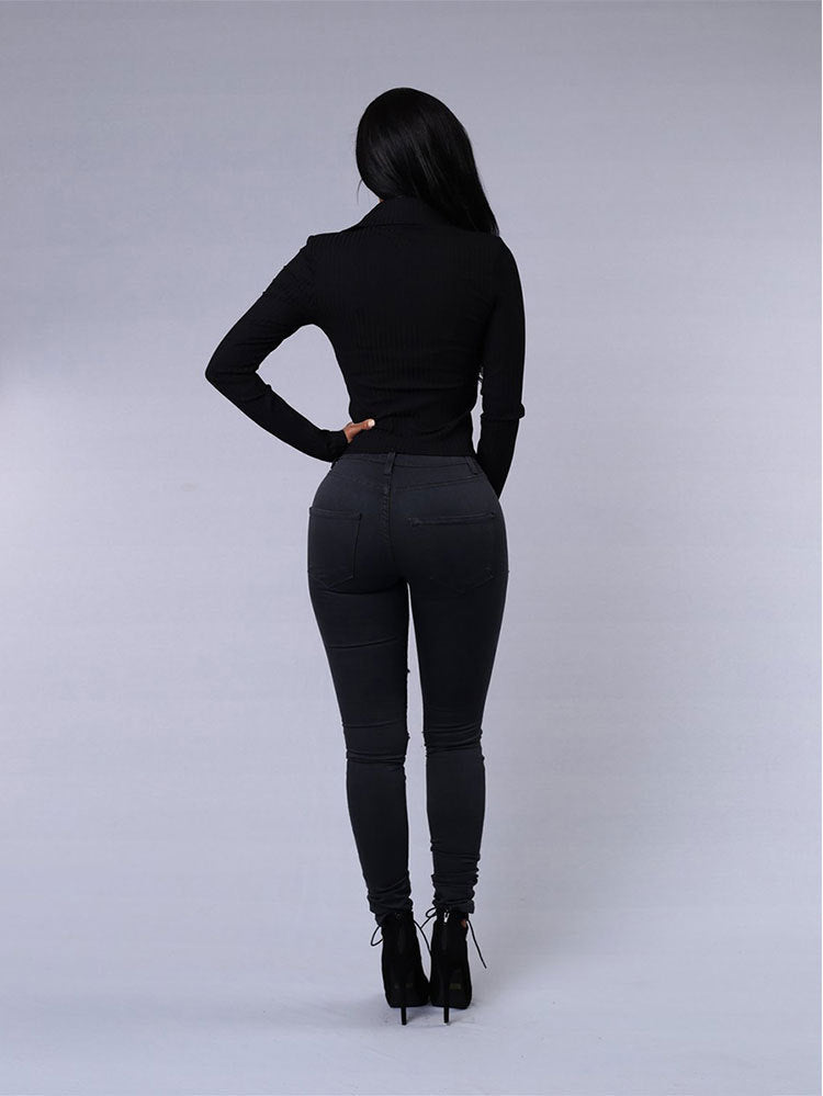 Women's Casual High Waist Skinny Ripped Jeans