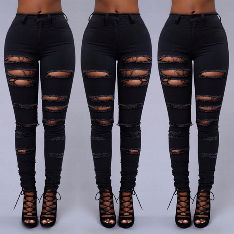 Women's Casual High Waist Skinny Ripped Jeans