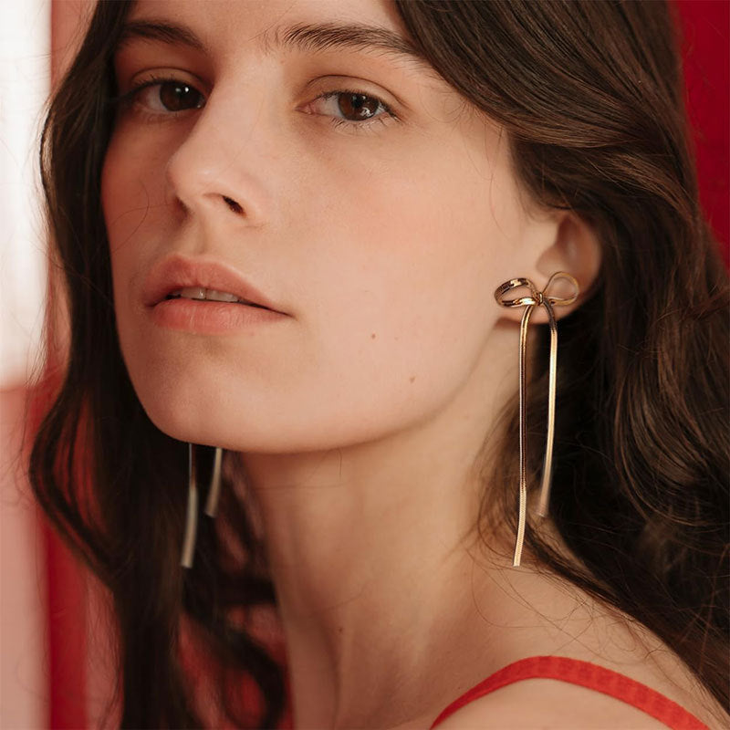 18k Gold Plated Stainless Steel Herringbone Bow Earrings