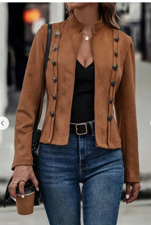Short Jacket Double Breasted Decorative Design Retro Suede Long Sleeve