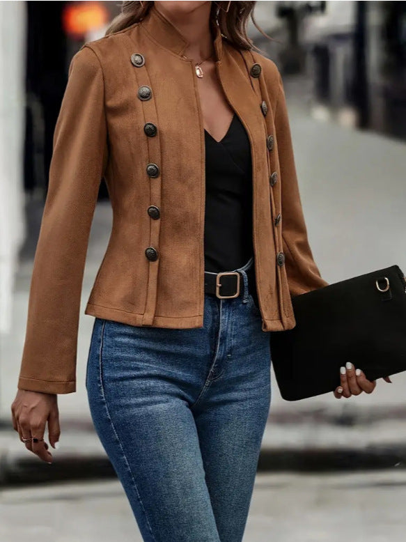 Short Jacket Double Breasted Decorative Design Retro Suede Long Sleeve