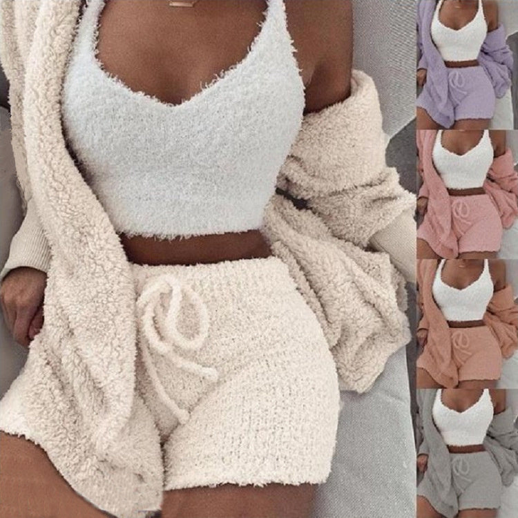 3pcs Womens Plush Pajama Set