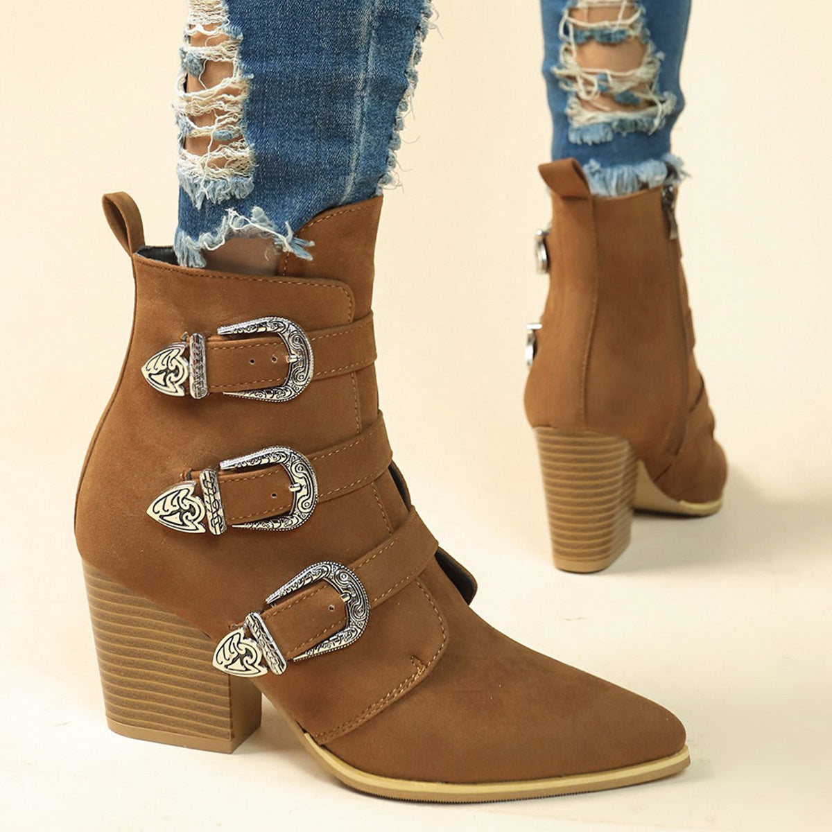 Pointed Toe Boots With Belt Buckle Retro Design