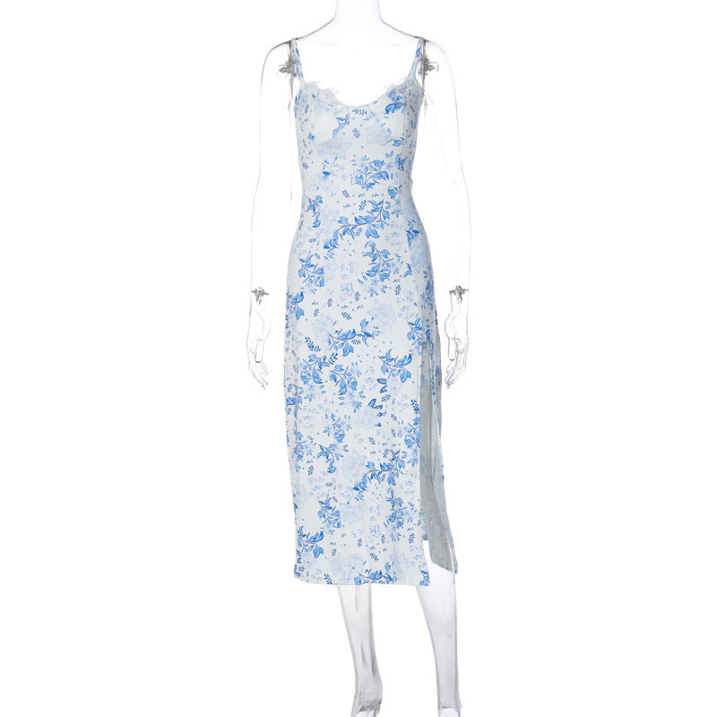Summer Lace Flowers Print Long Sexy Fashion Slit Suspender Dress