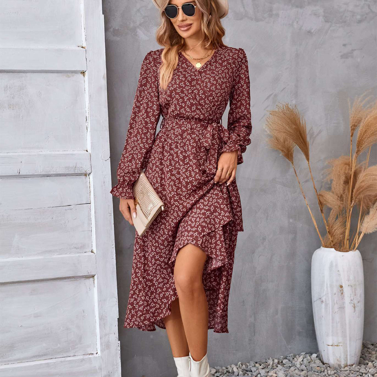 Flowers Print Long Sleeve Ruffled Commuter Temperament Dress