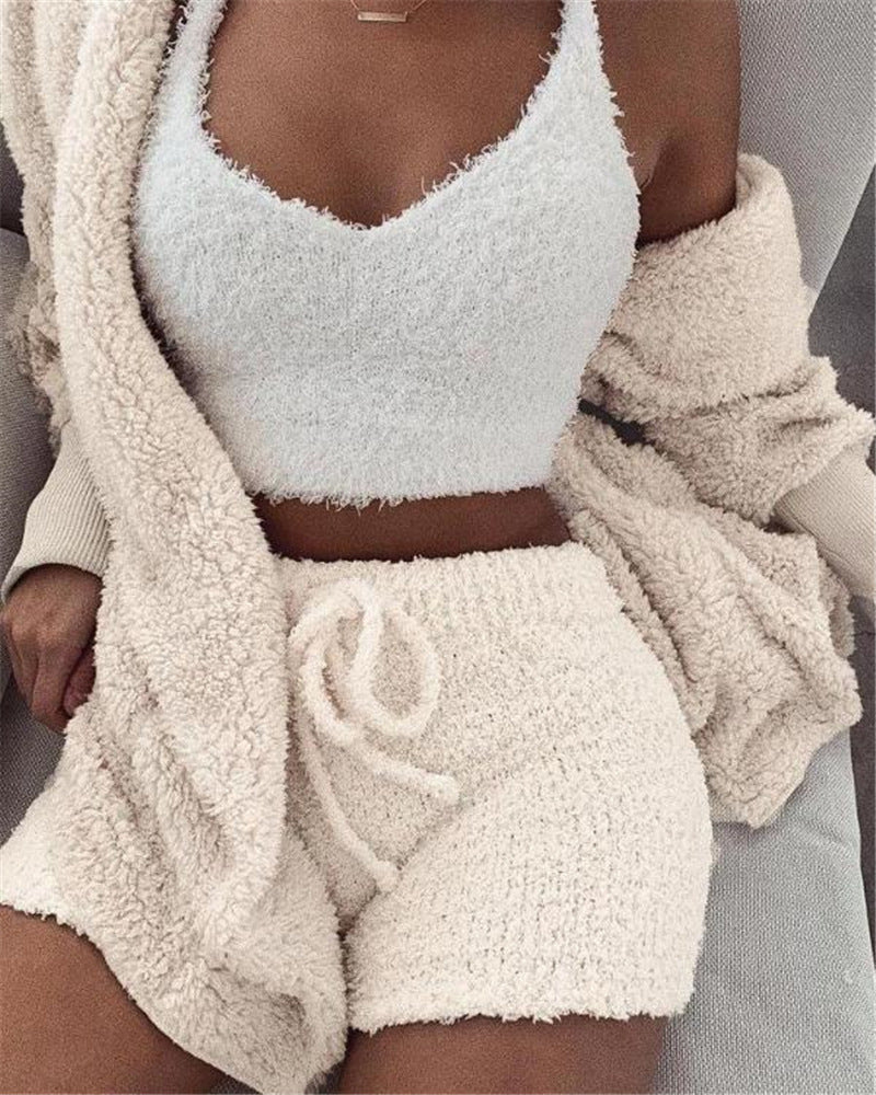 3pcs Womens Plush Pajama Set