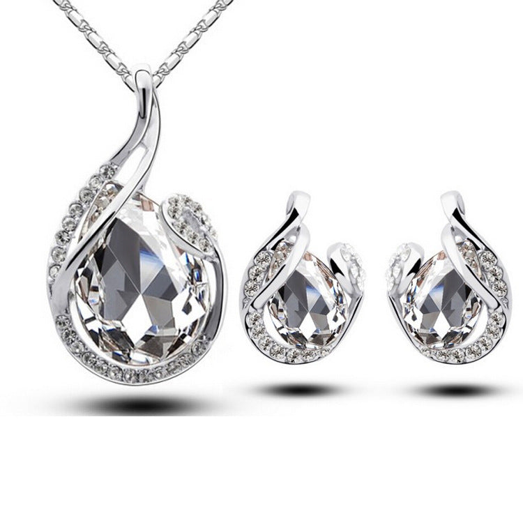 3pcs Rhinestone Necklace Set With Earrings Fashion Water-drop-shaped Jewelry For Women