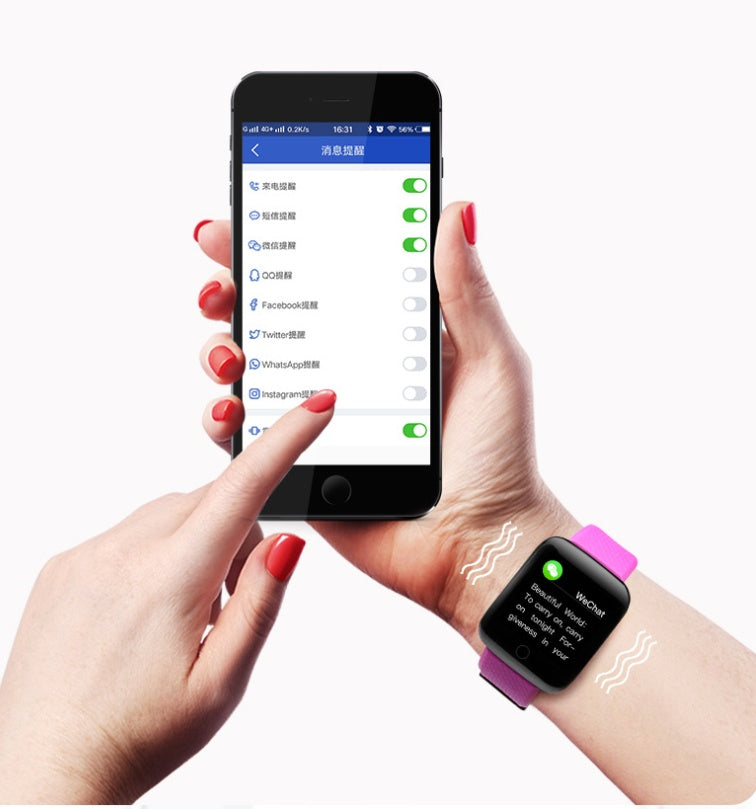 Blood Pressure Monitoring Sports Bracelet with 1.3-inch TFT screen, compatible with iOS and Android platforms, wrist-wear design.