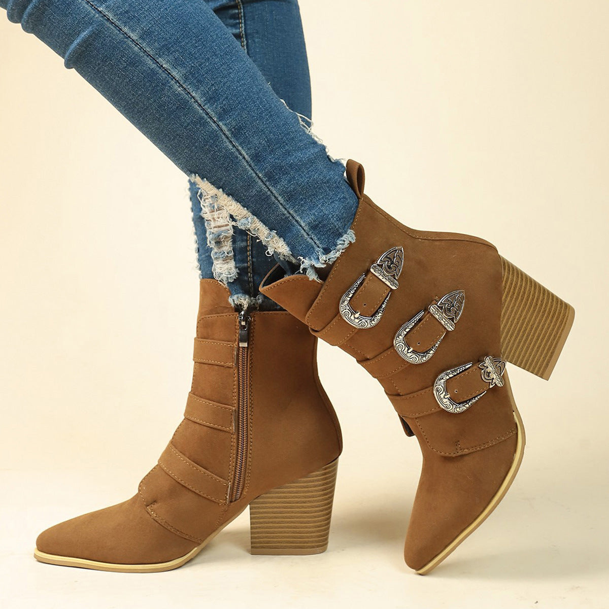 Pointed Toe Boots With Belt Buckle Retro Design