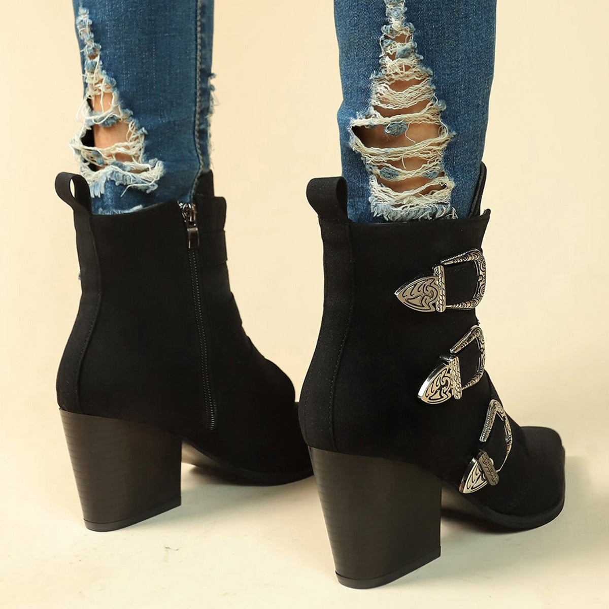 Pointed Toe Boots With Belt Buckle Retro Design