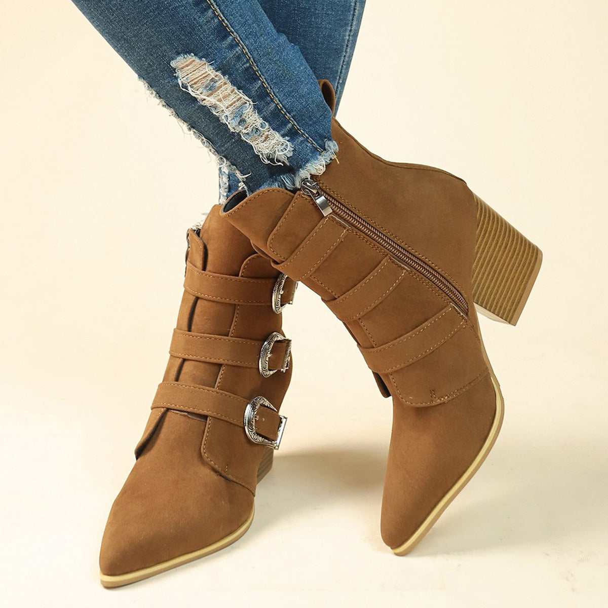 Pointed Toe Boots With Belt Buckle Retro Design