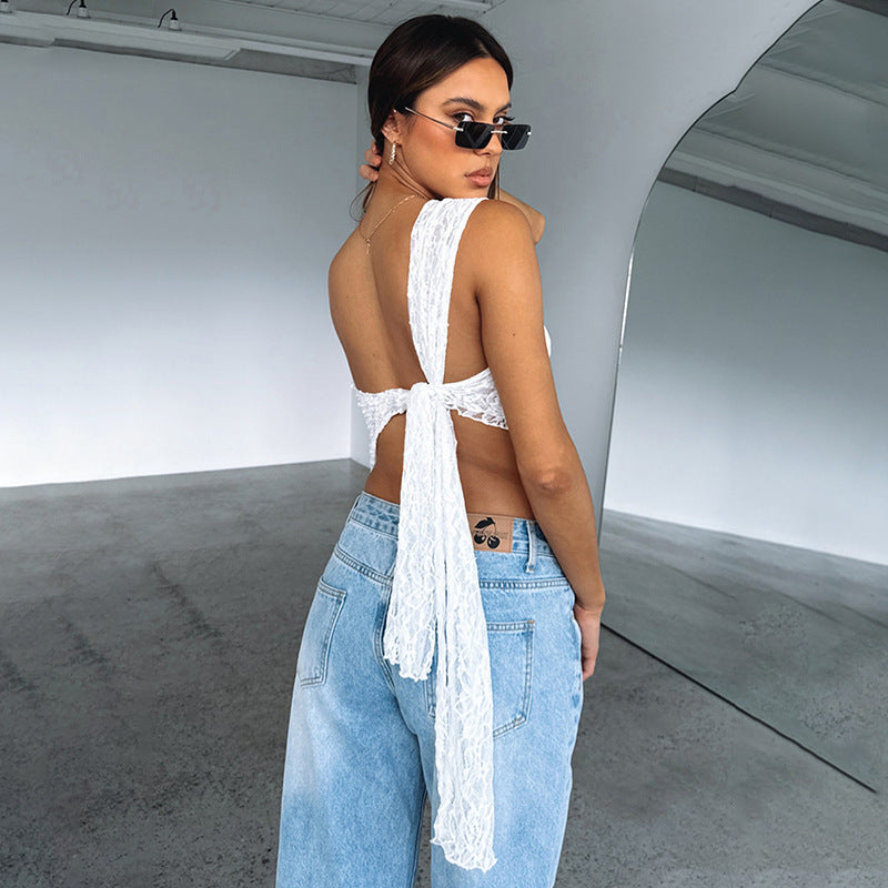 Ins Lace Backless Top Summer Solid Color Waistless Streetwear