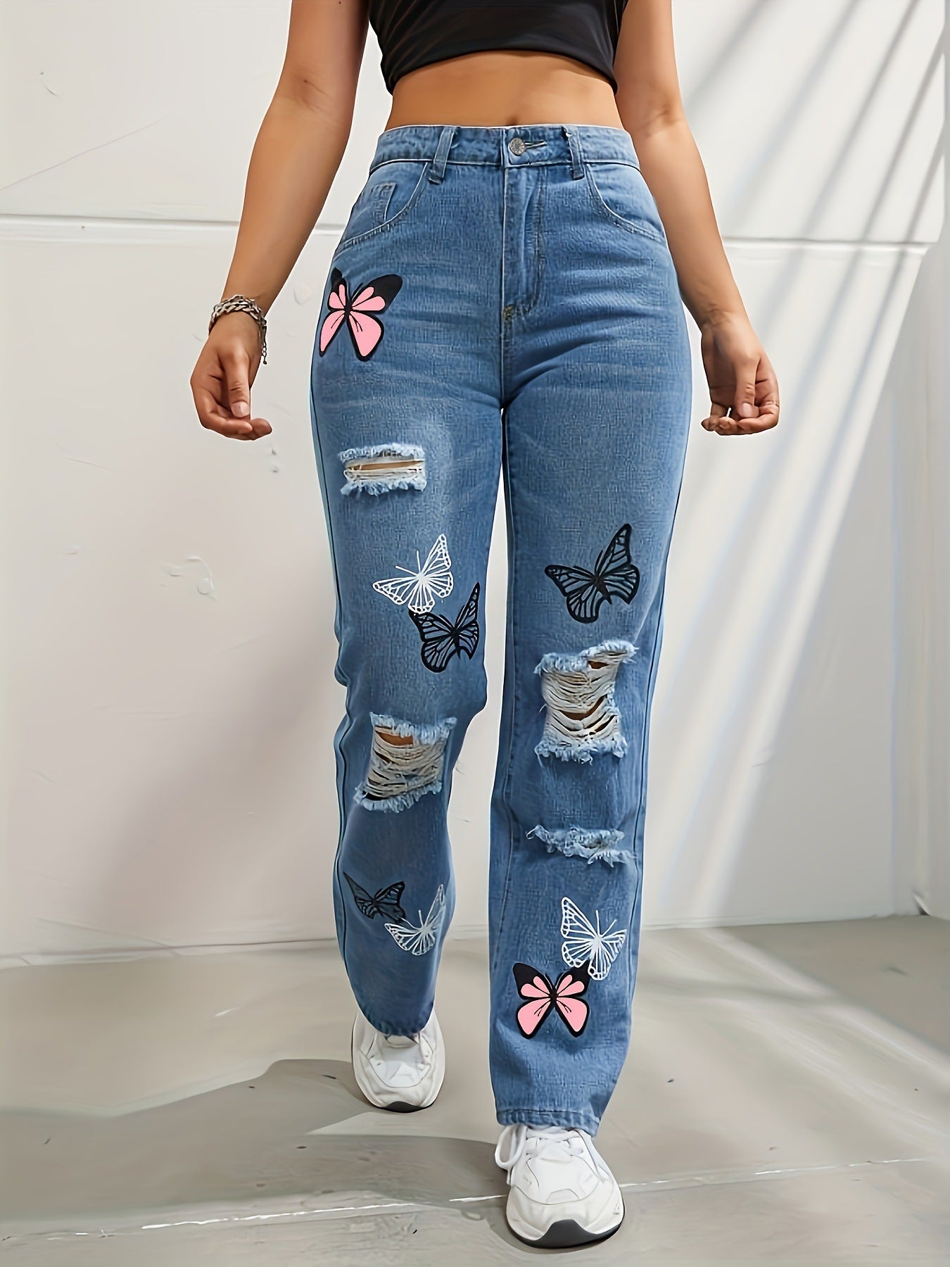 Women's High Waisted Butterfly Print Straight Leg Jeans