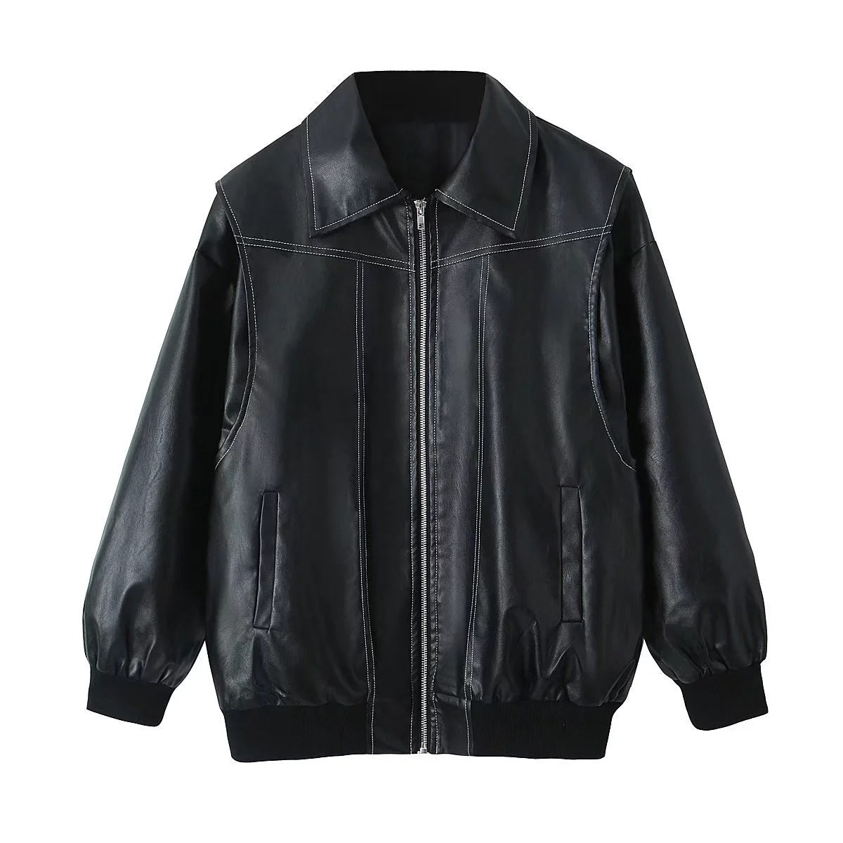 Loose Fashion Lapel Zip-up Long Sleeve Leather Jacket