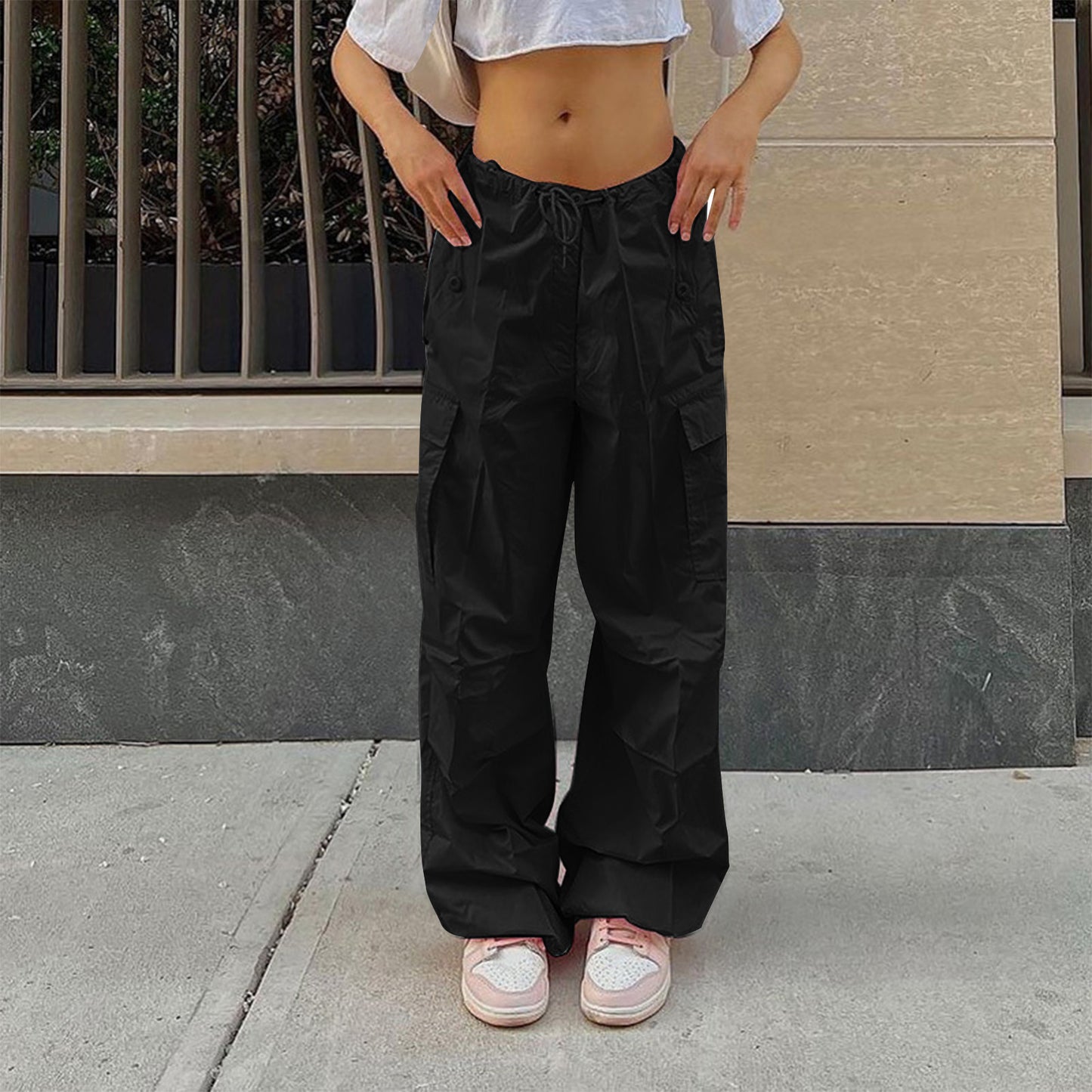 Casual Solid Color Drawstring Cargo Pants Pocket Design Street Fashion