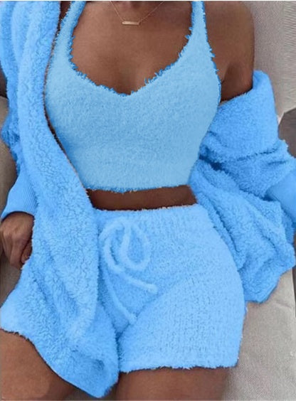 3pcs Womens Plush Pajama Set
