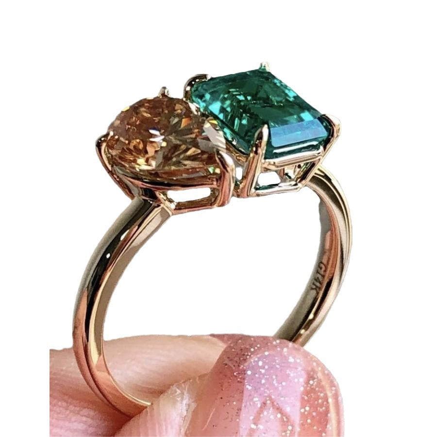Fashion Creative Double Main Stone Lady Green Yellow Zircon Square Stone Ring