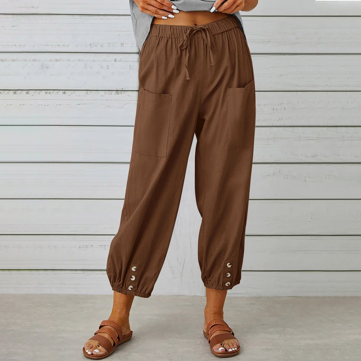 Women's Drawstring Spring Summer Cotton And Linen Trousers With Pockets Button