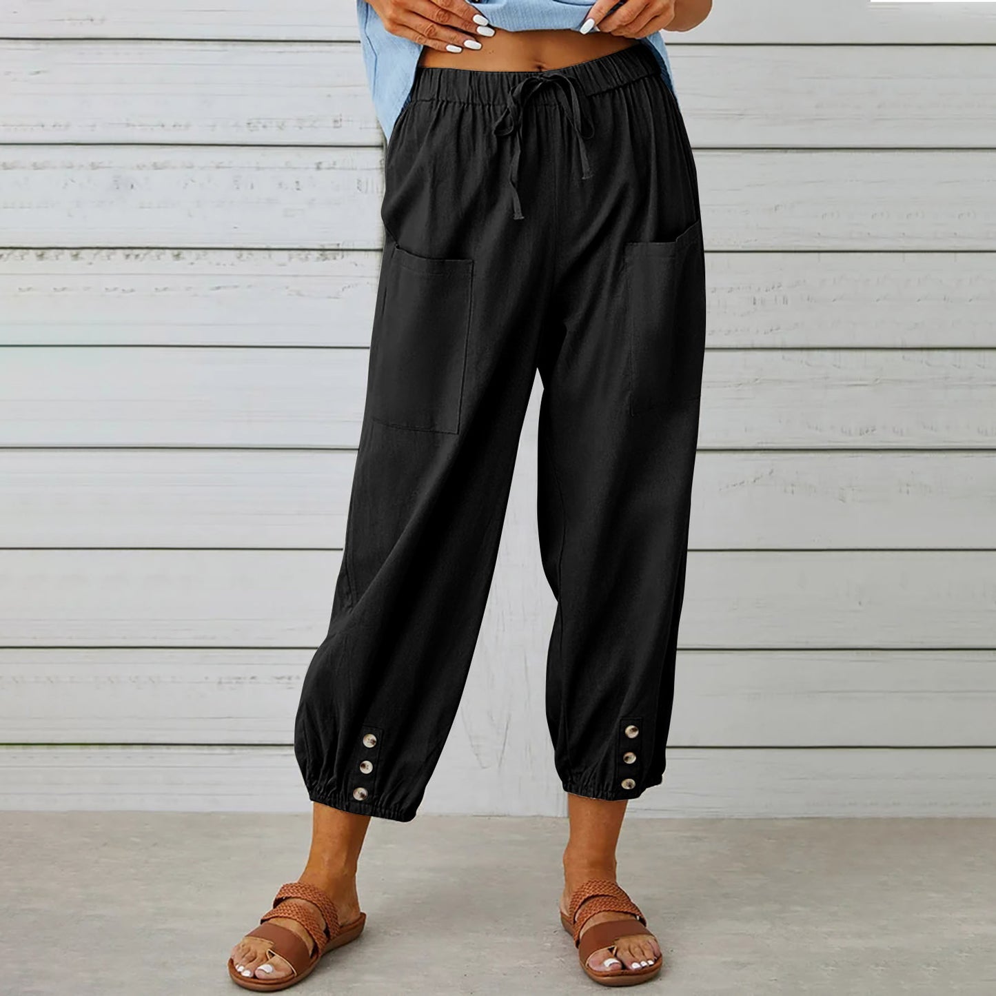 Women's Drawstring Spring Summer Cotton And Linen Trousers With Pockets Button