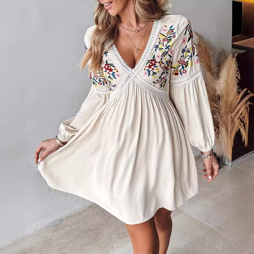 Women's Embroidered V-neck Casual Skirt Dress