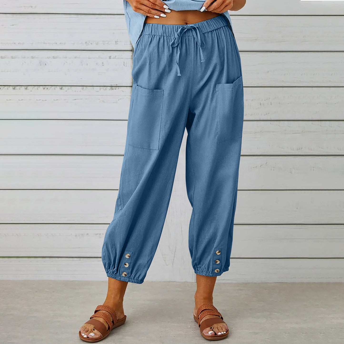 Women's Drawstring Spring Summer Cotton And Linen Trousers With Pockets Button