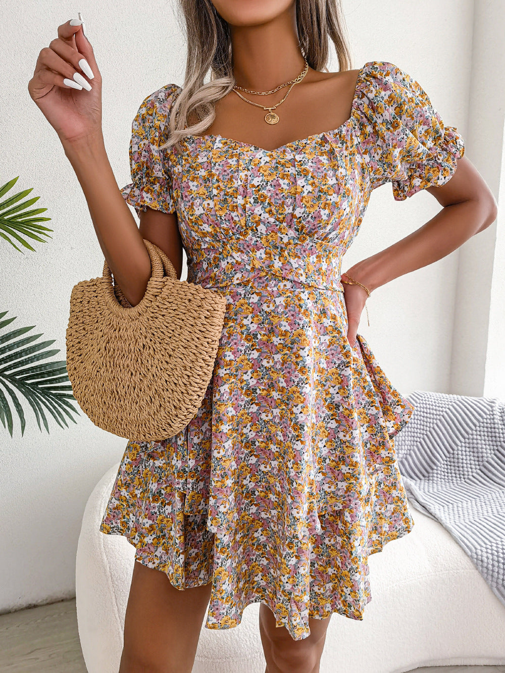 Women Mini Dress Temperament Big Swing Loose Hem Flower Print