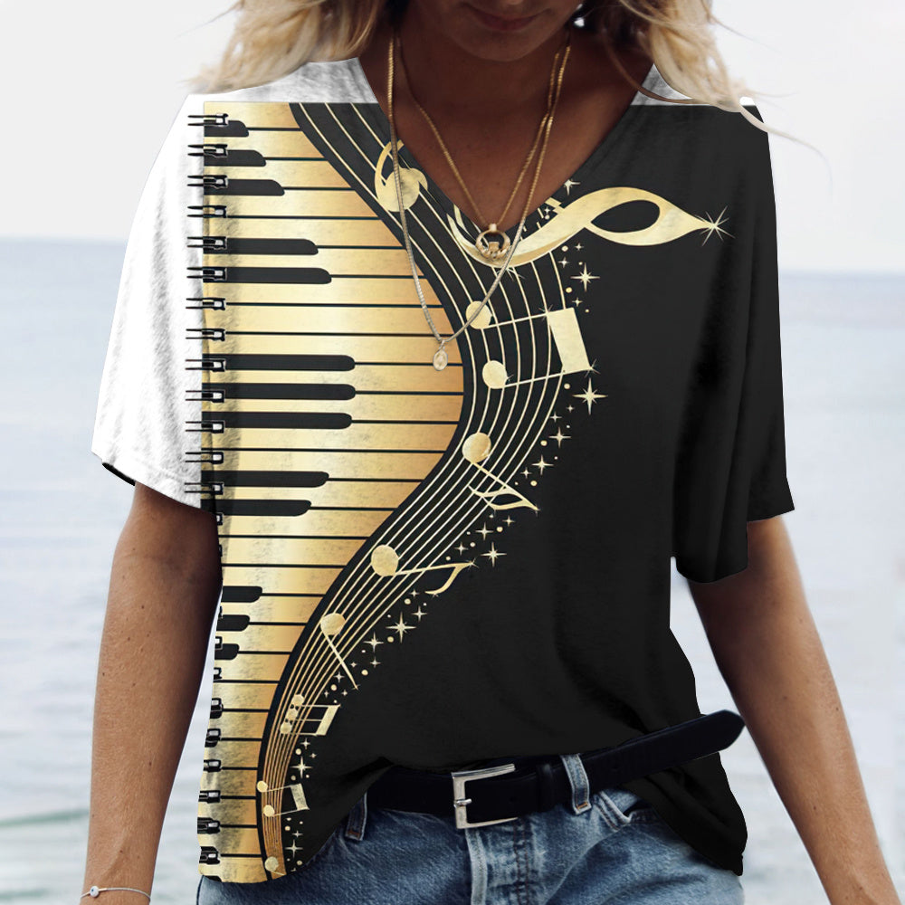 Women's Printed Oversized V Neck Pullover T-Shirt