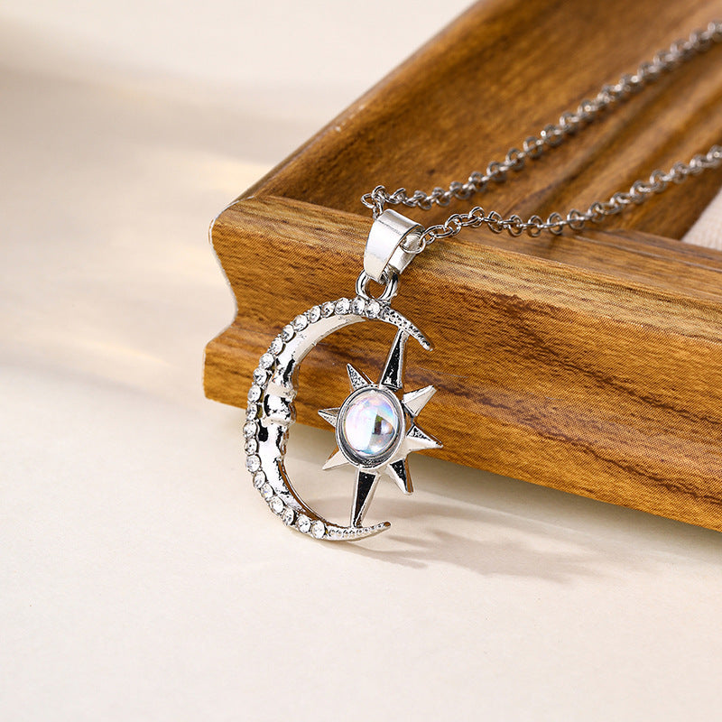 Stainless Steel Fashion Moon Star Zircon Pendant Necklace