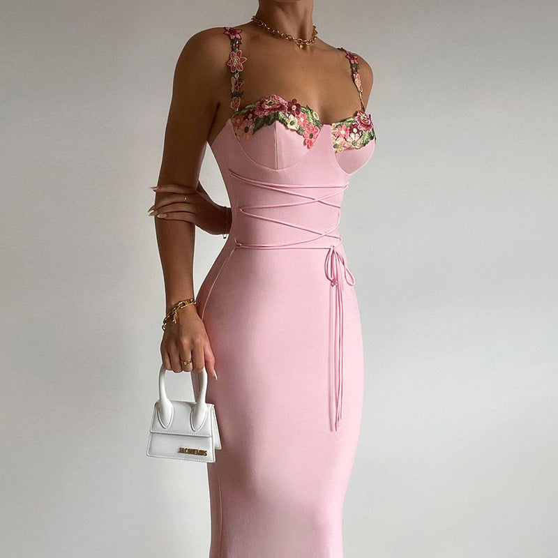 Embroidered Flower Suspender Summer Fashion Dress