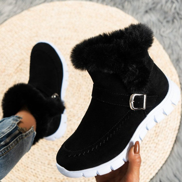 New Snow Boots Plush Ankle With Buckle Design Plus Velvet Flat Shoes