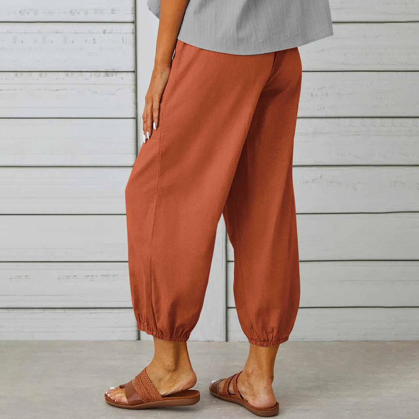 Women's Drawstring Spring Summer Cotton And Linen Trousers With Pockets Button