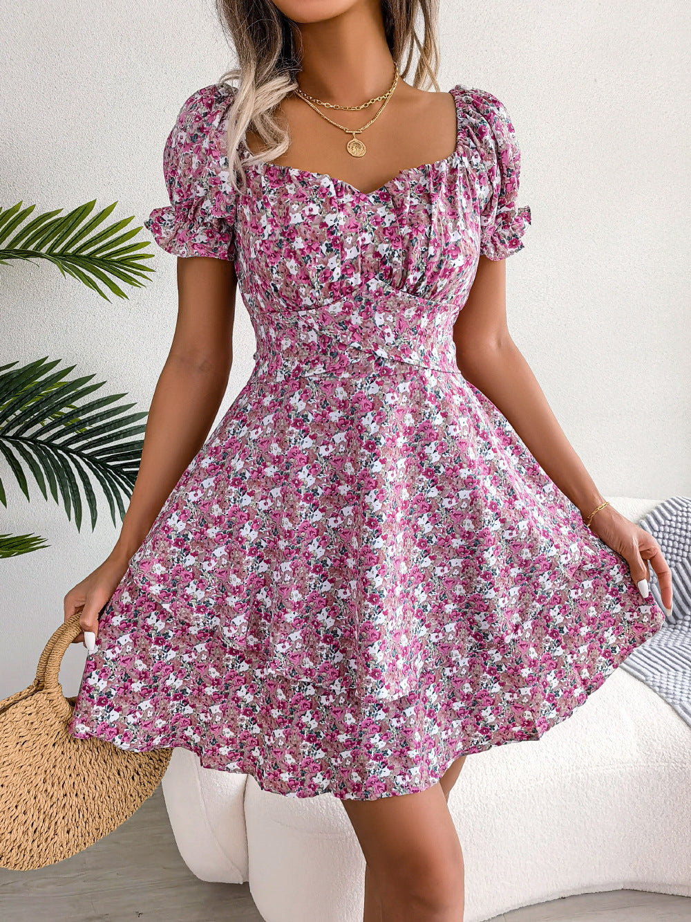 Women Mini Dress Temperament Big Swing Loose Hem Flower Print