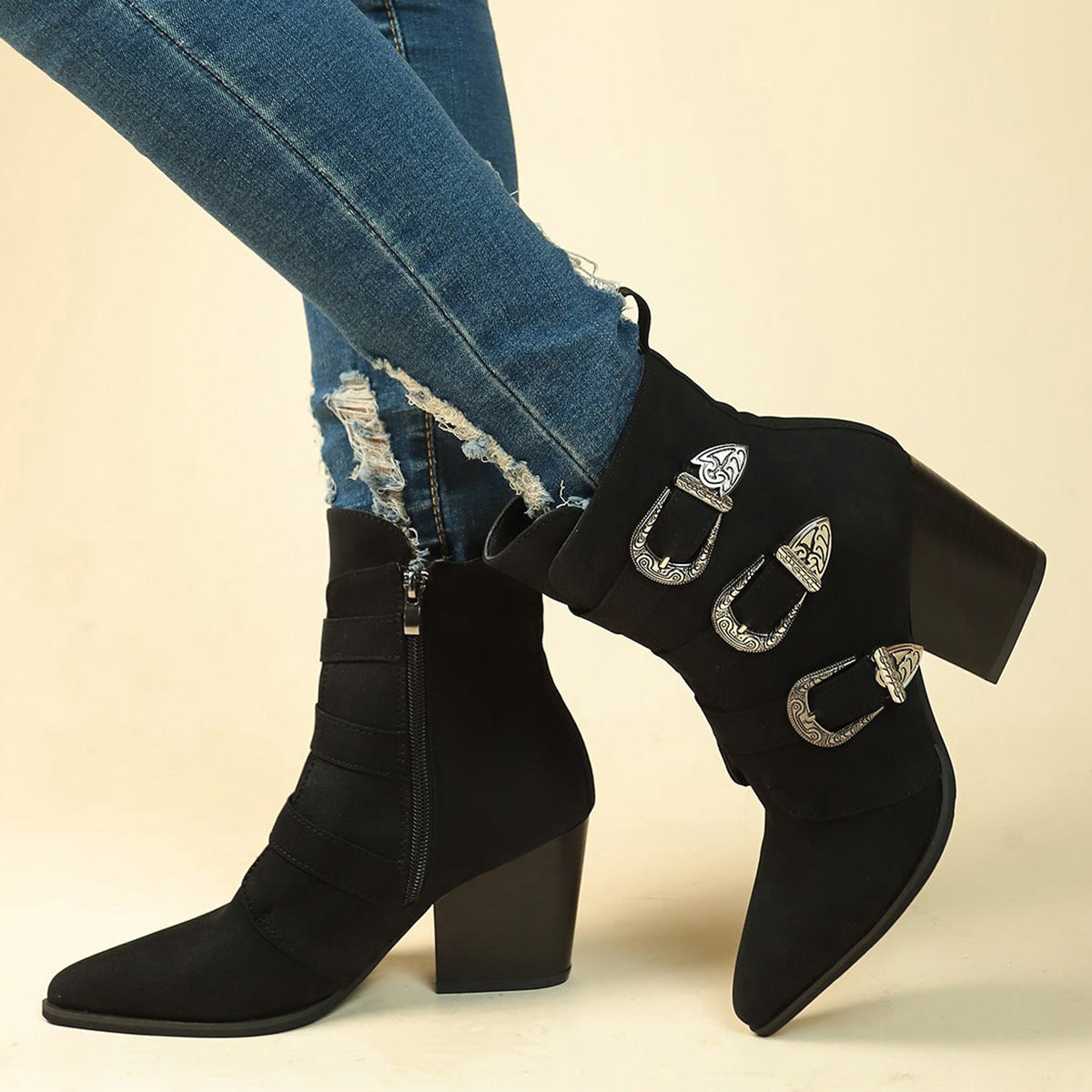 Pointed Toe Boots With Belt Buckle Retro Design