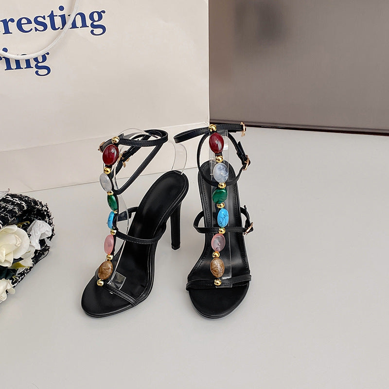 Fashion Colorful Beads Buckle High Heel Party Pumps Sandals
