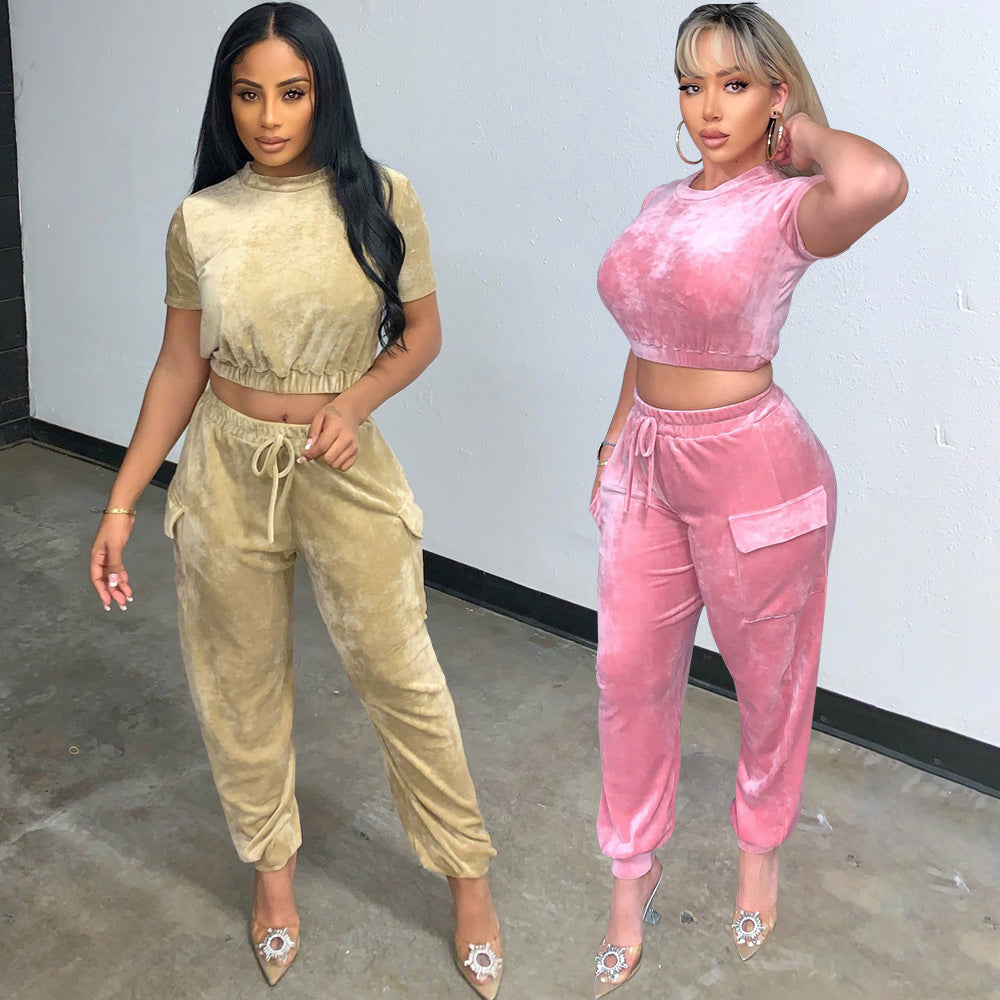 Fashion Athleisure Loose Gold Velvet Two Piece Suit