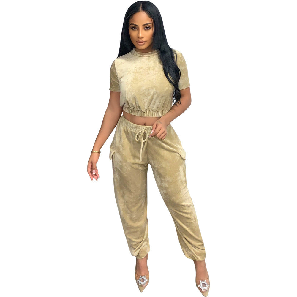 Fashion Athleisure Loose Gold Velvet Two Piece Suit
