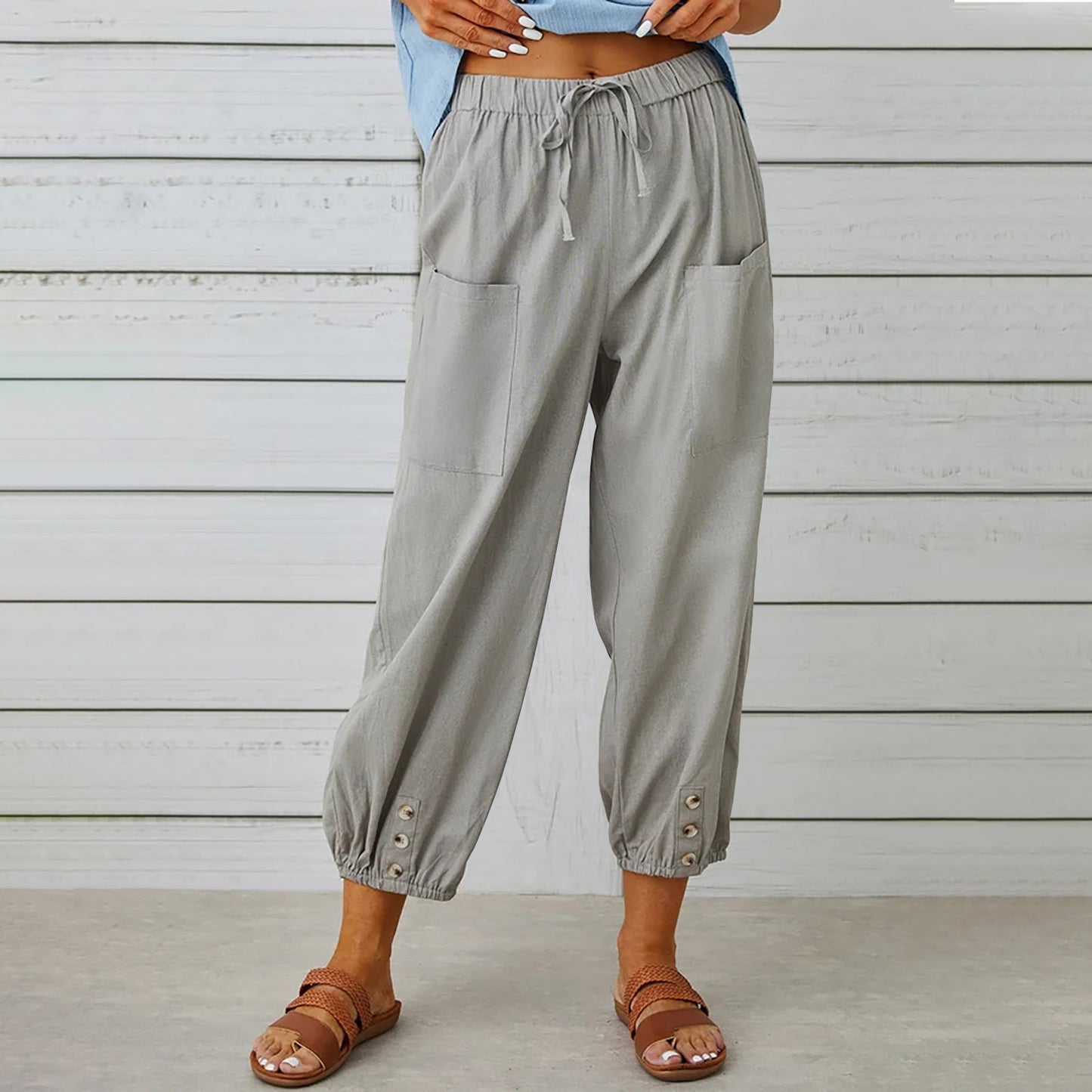 Women's Drawstring Spring Summer Cotton And Linen Trousers With Pockets Button