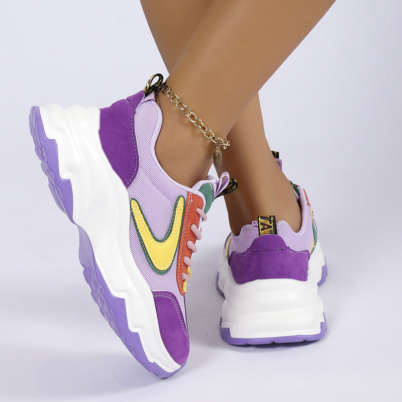 Women's Mixed-color Lace-up Casual Sneakers