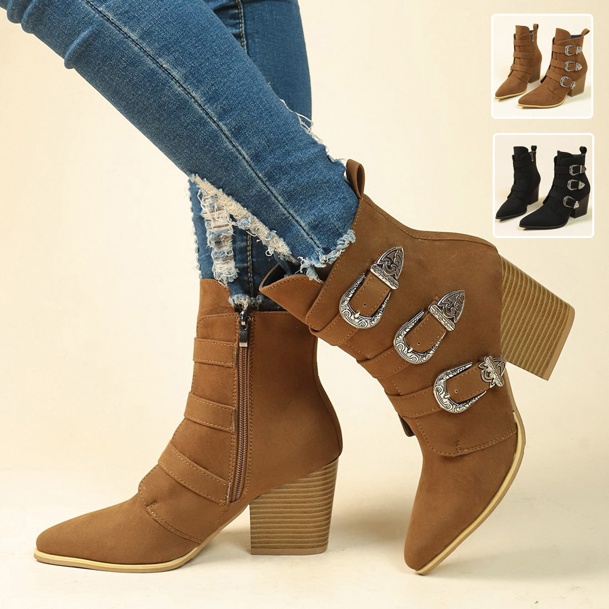 Pointed Toe Boots With Belt Buckle Retro Design