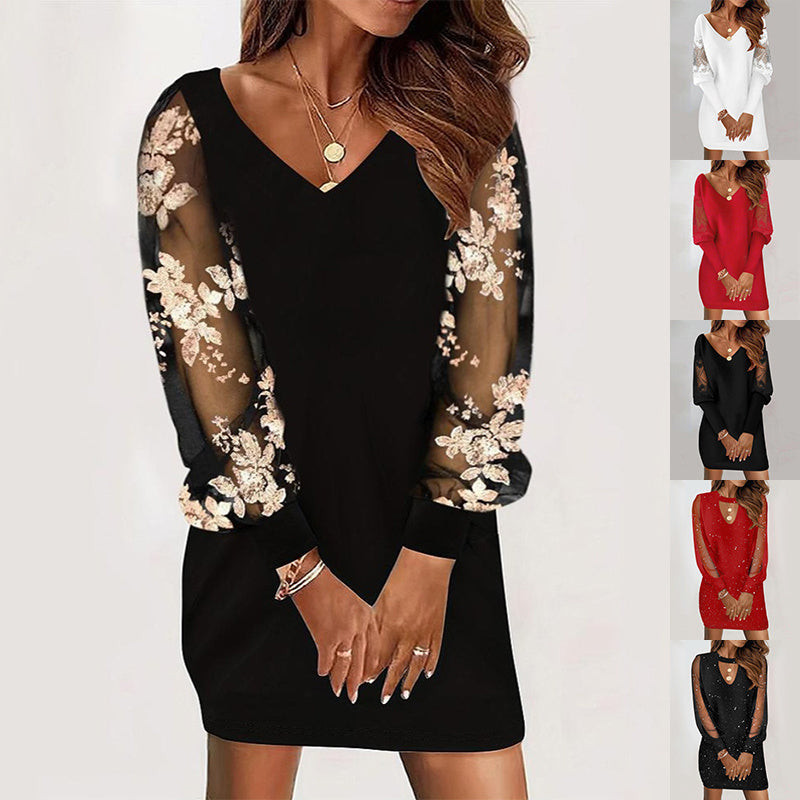 Long-sleeved V-neck Spring And Autumn Lace Splicing Dress