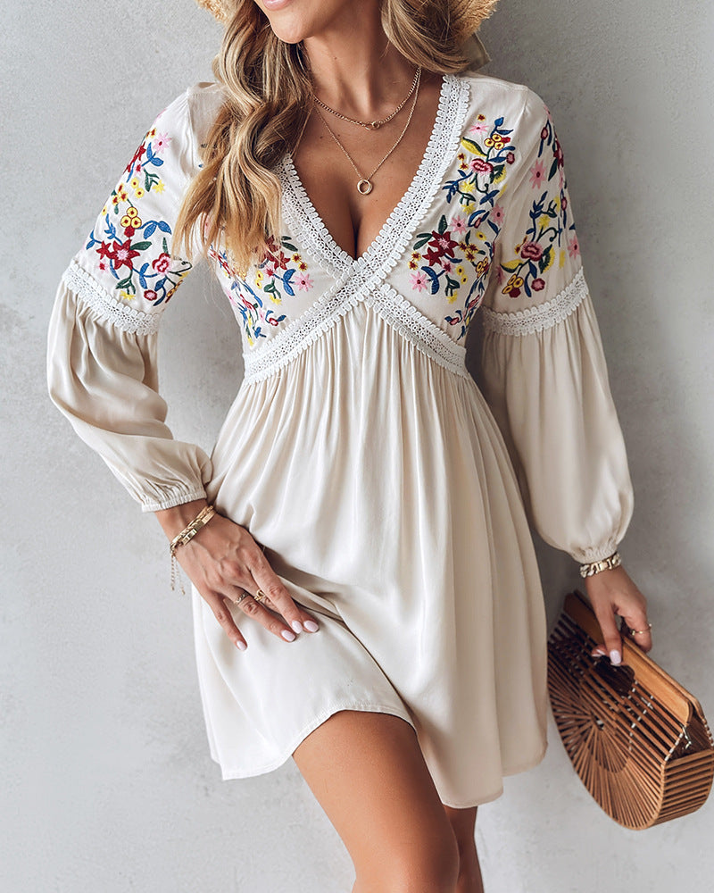 Women's Embroidered V-neck Casual Skirt Dress
